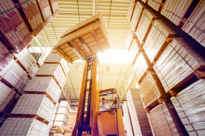 Forklift loader in storage warehouse